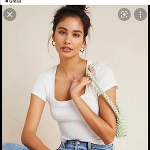 Anthropologie white smocked square neck top